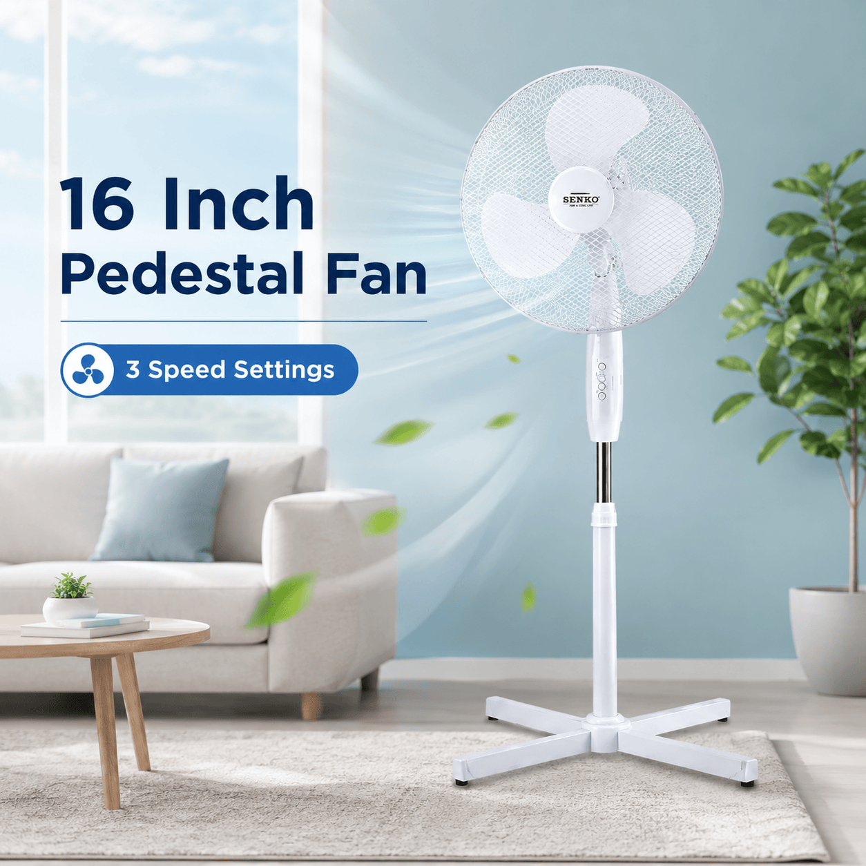 16 Inch Pedestal Fan Cross Base Stand Fan 3 Speed Settings Sturdy Base Portable Fan White