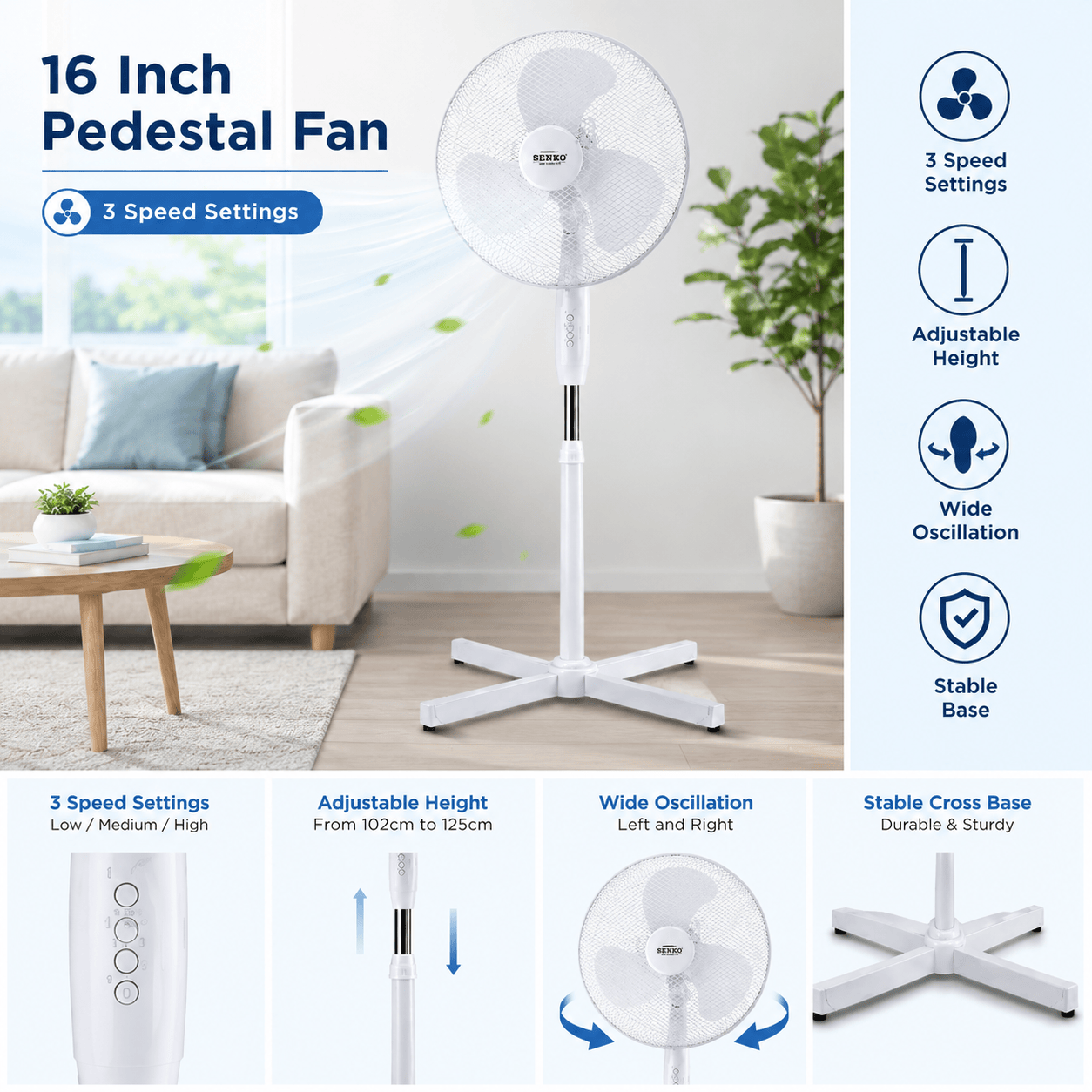 16 Inch Pedestal Fan Cross Base Stand Fan 3 Speed Settings Sturdy Base Portable Fan White