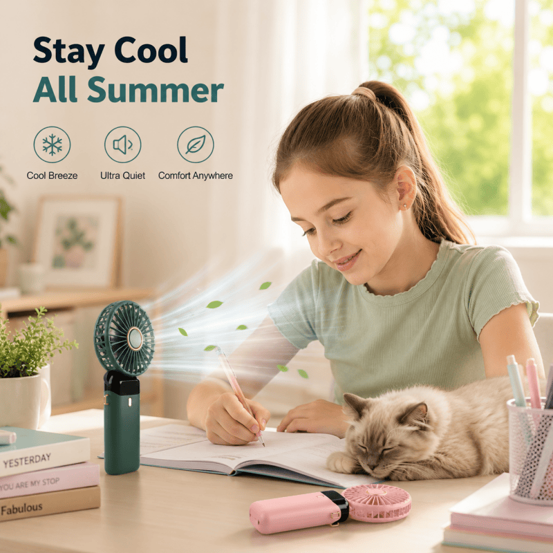 Green Mini Handheld Fan Portable Fold Desk Cooler Cooling USB Rechargeable