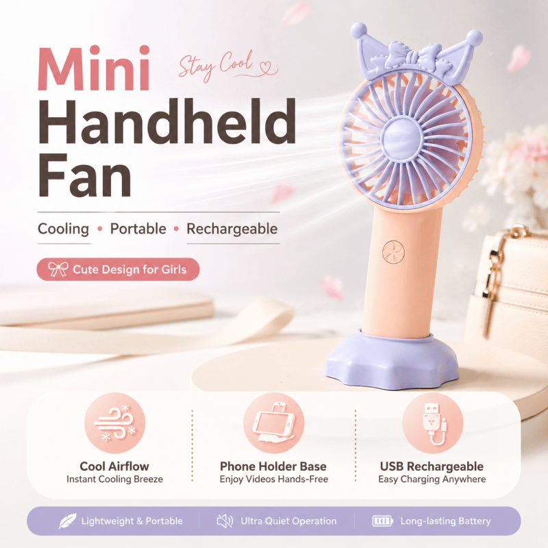 Blue Mini Handheld Fan with Phone Holder Base Rechargeable Personal Fan
