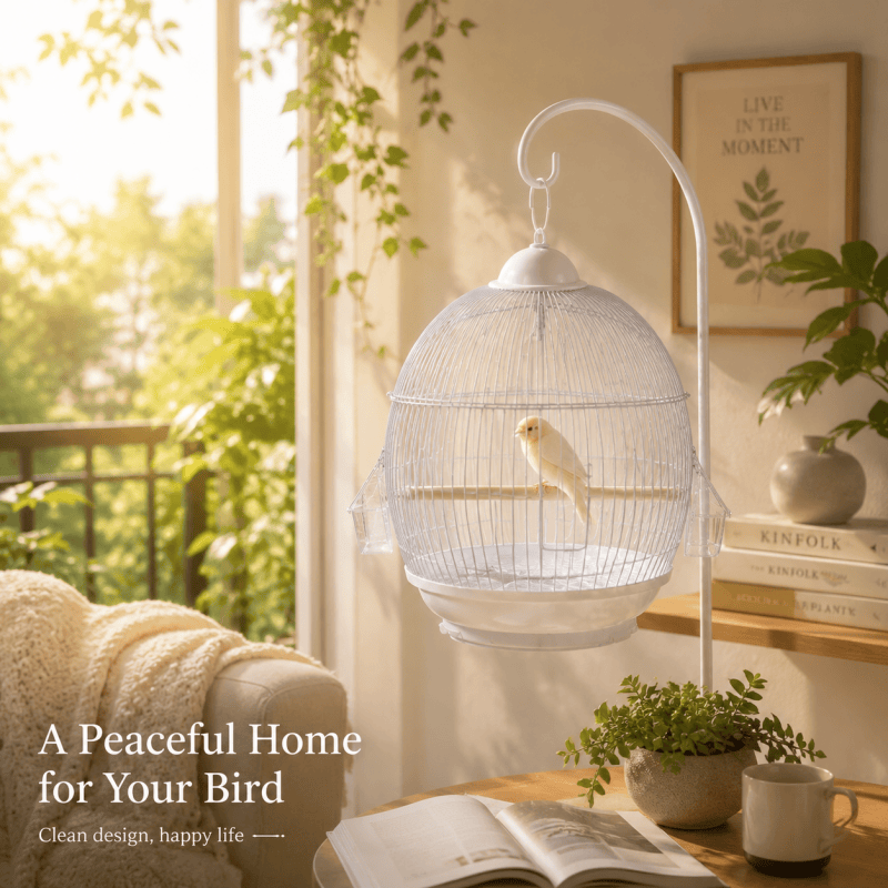 White Round Bird Cage with Hanging Hook 28cm Diameter Small Parrot Cage