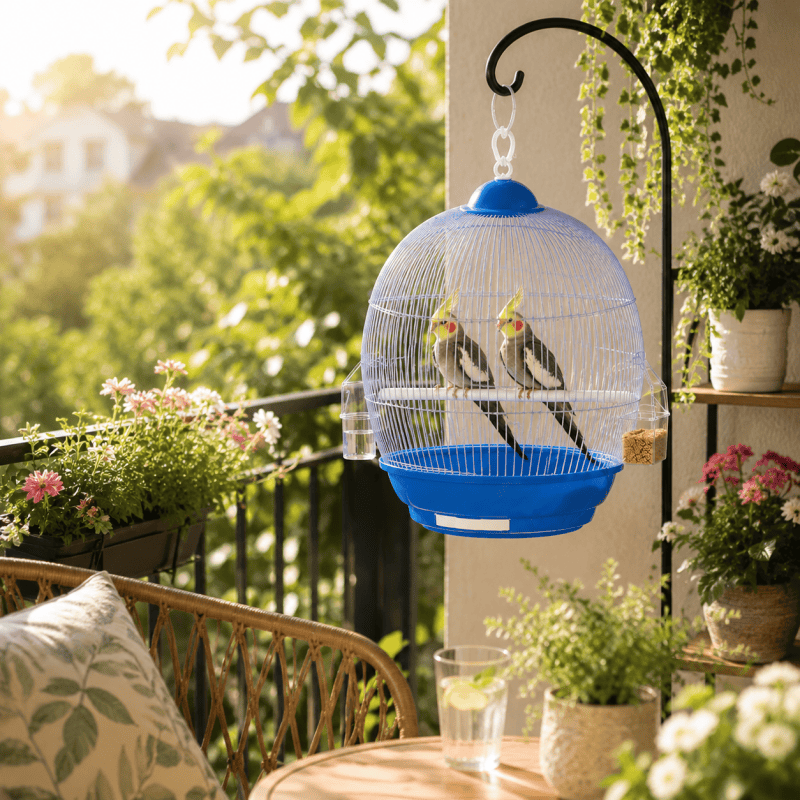Blue Round Bird Cage with Hanging Hook 28cm Diameter Small Parrot Cage