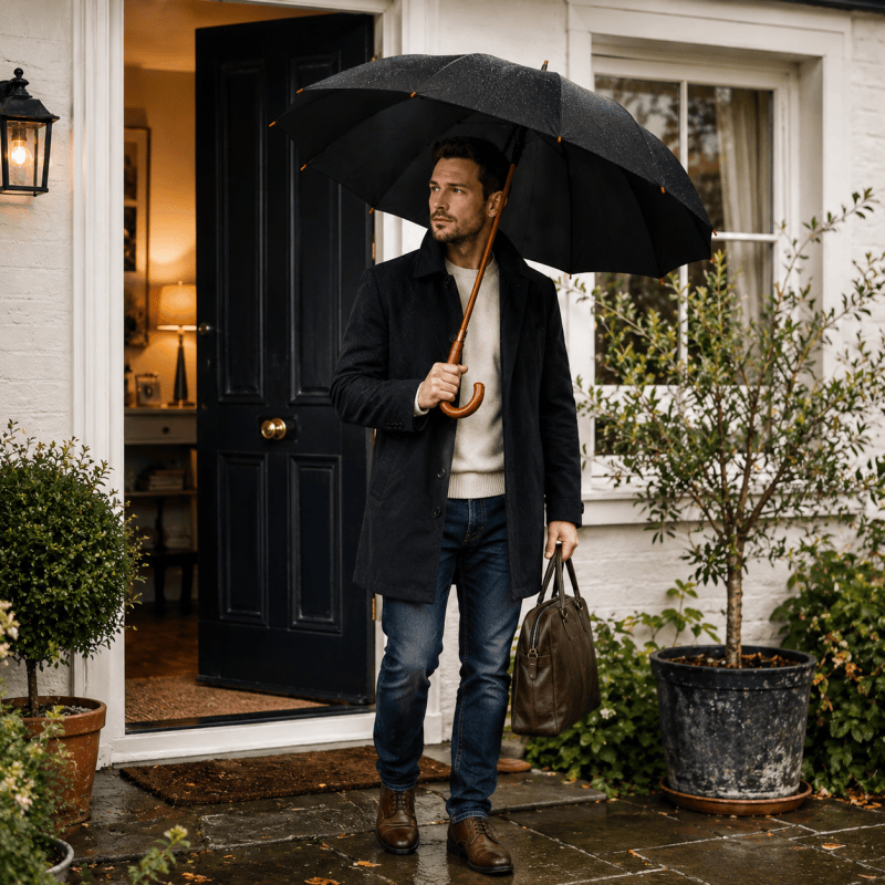 Automatic Opening Umbrella Classic Crook Handle Large Umbrella Windproof Strong Black