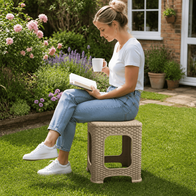 Beige Plastic Rattan Stool Large Modern Minimalist Backless Stools 28 x 28 x 46cm