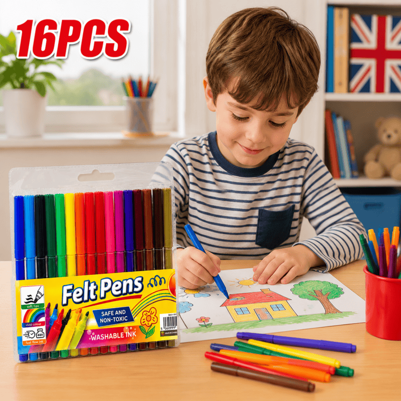 16PCS Felt Tip Pens Vibrant Colours Pen Smooth Writing Colouring Pens