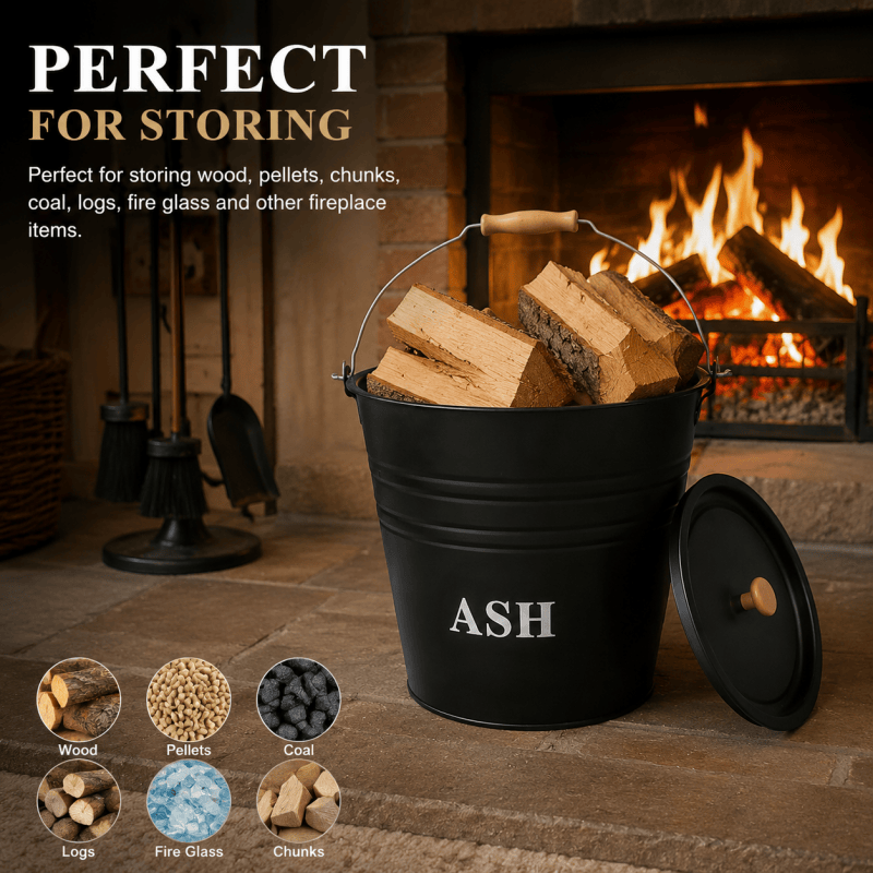 12L Ash Bucket with Lid Metal Fireplace Ash Bin Wood Burner