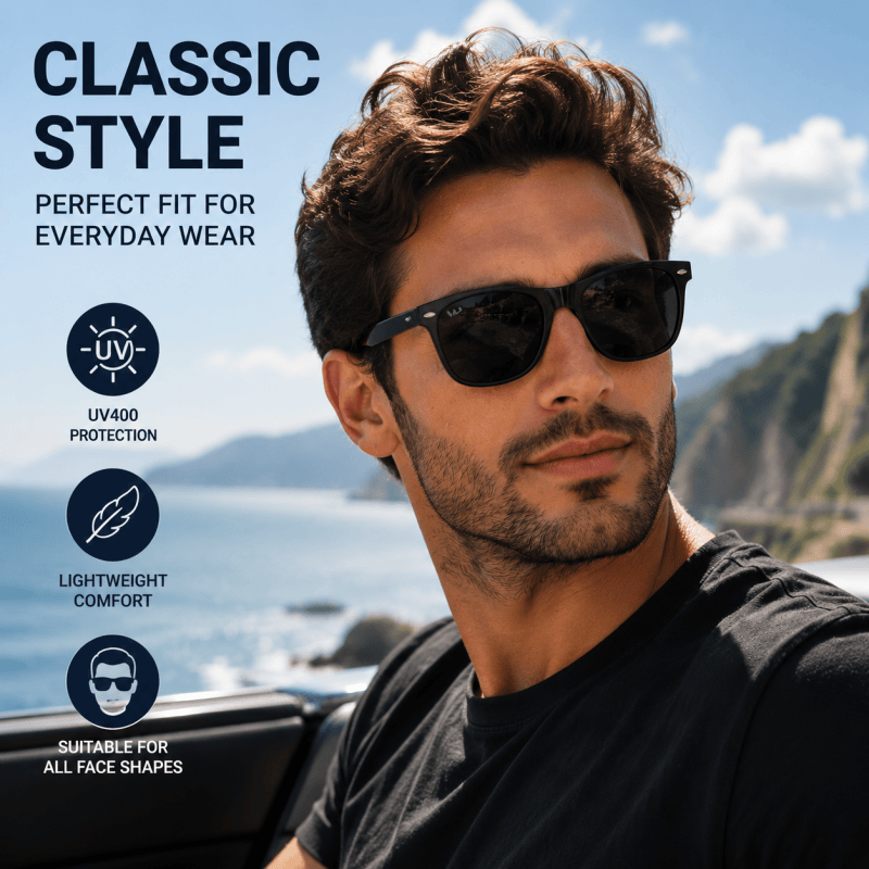 Mens Black Frame Sunglasses UV400 Retro Driving Outdoor Eyewear