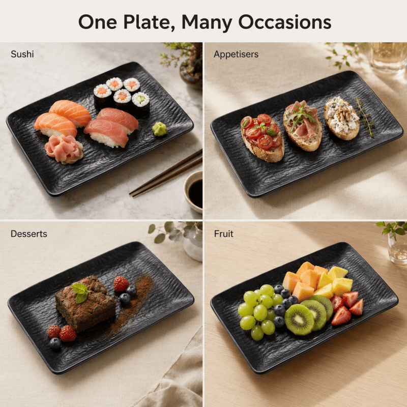 Black Melamine Plate 18 x 26cm Rectangular Serving Dish Lightweight Tableware