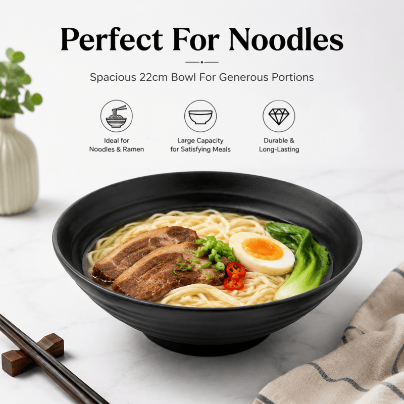 2Pack 22cm Black Melamine Noodle Bowl Chinese Ramen Serving Bowl