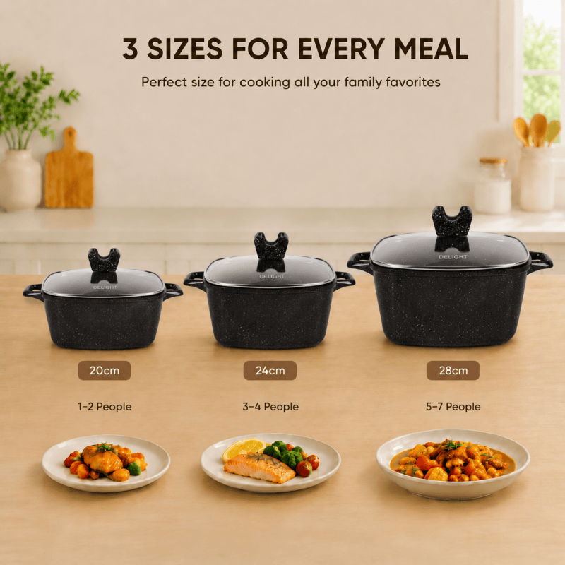 3PCS Die Cast Casserole Pot Non Stick Glass Lids 20cm 24cm 28cm Black
