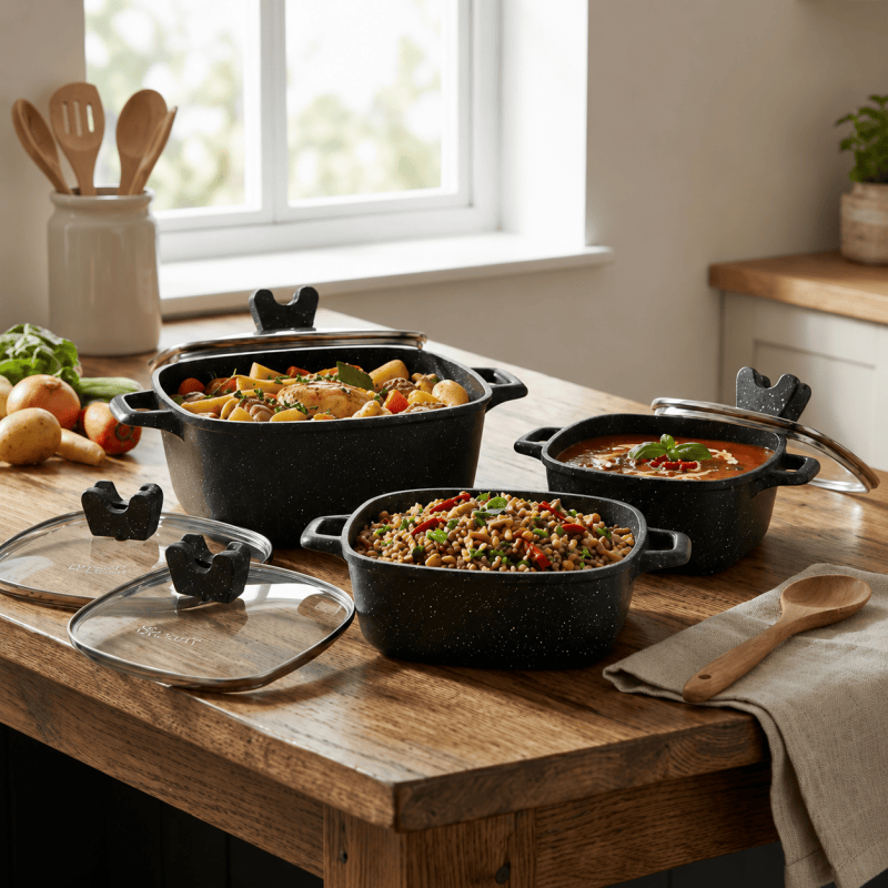 3PCS Die Cast Casserole Pot Non Stick Glass Lids 20cm 24cm 28cm Black