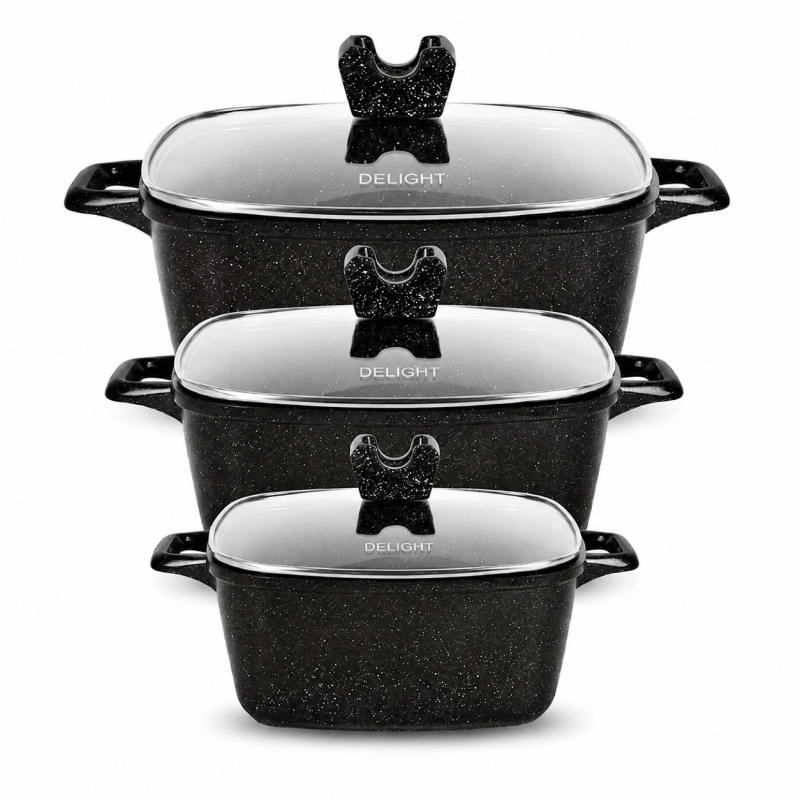3PCS Die Cast Casserole Pot Non Stick Glass Lids 20cm 24cm 28cm Black