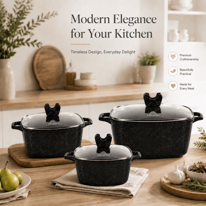 3PCS Die Cast Casserole Pot Non Stick Glass Lids 20cm 24cm 28cm Black