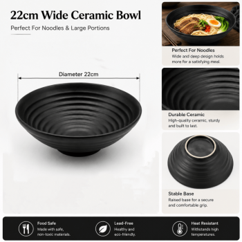 22cm Black Melamine Noodle Bowl Chinese Ramen Serving Bowl