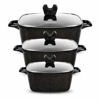 3PCS Die Cast Casserole Pot Non Stick Glass Lids 20cm 24cm 28cm Black