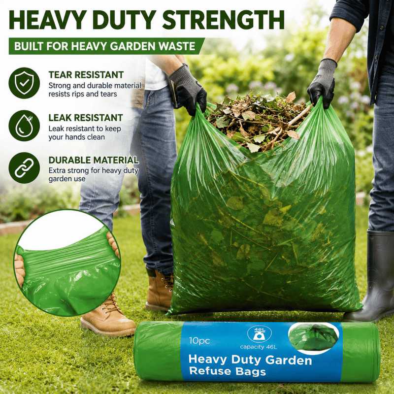 5 Rolls 10PCS Garden Refuse Bags Heavy Duty 46L Green Strong Waste Sacks