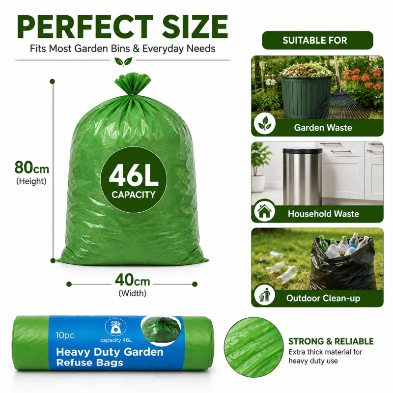 10 Rolls 10PCS Garden Refuse Bags Heavy Duty 46L Green Strong Waste Sacks