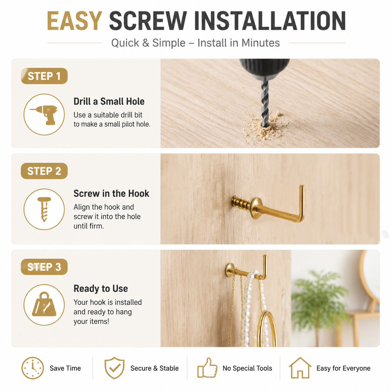 50PCS Brassed Square Dresser Hooks 3/4" 18mm Screw In Wall Hooks
