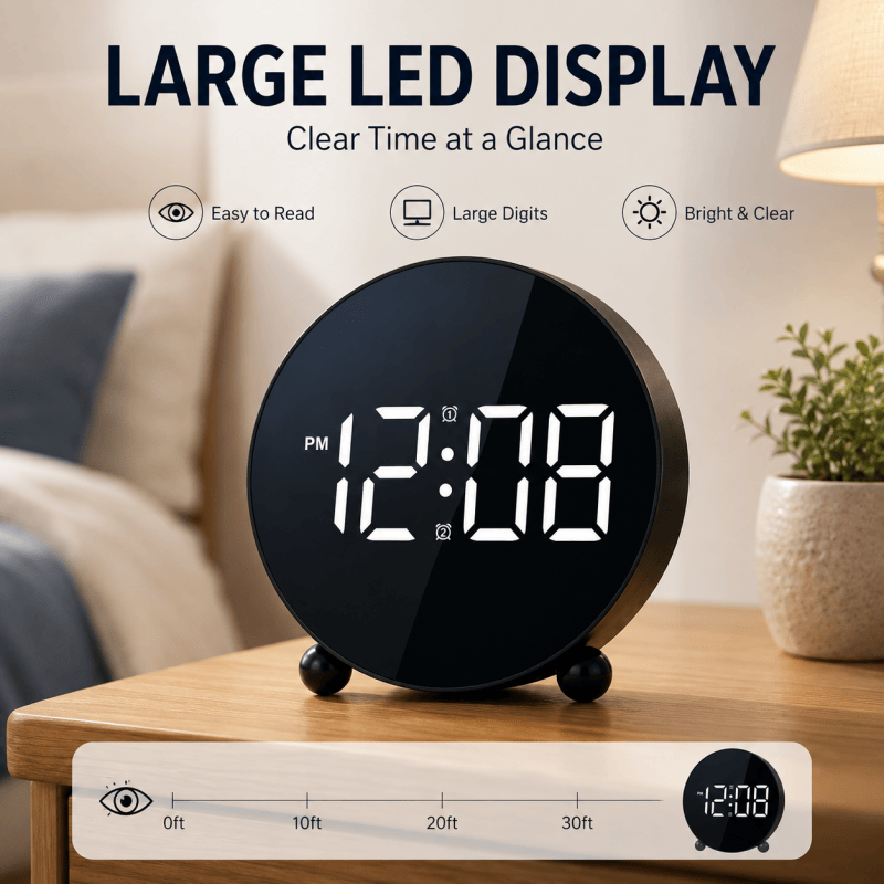 LED Digital Alarm Clock, Large Display Electronic Desk Clock with Clear Time Display