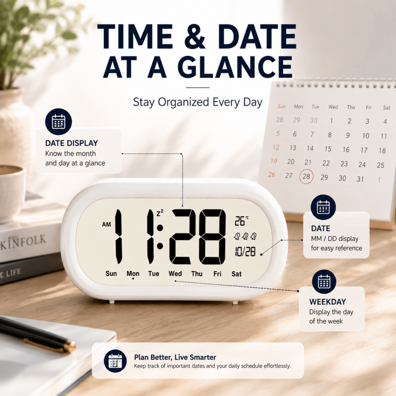 Digital Alarm Clock with Large LCD Display, Electronic Desk Clock