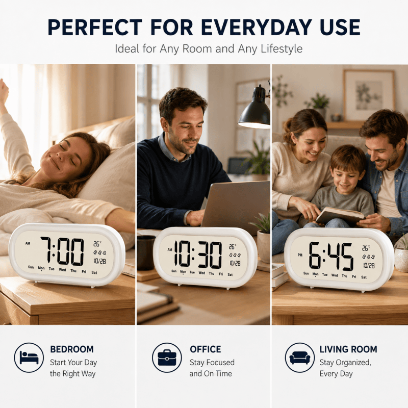 Digital Alarm Clock with Large LCD Display, Electronic Desk Clock