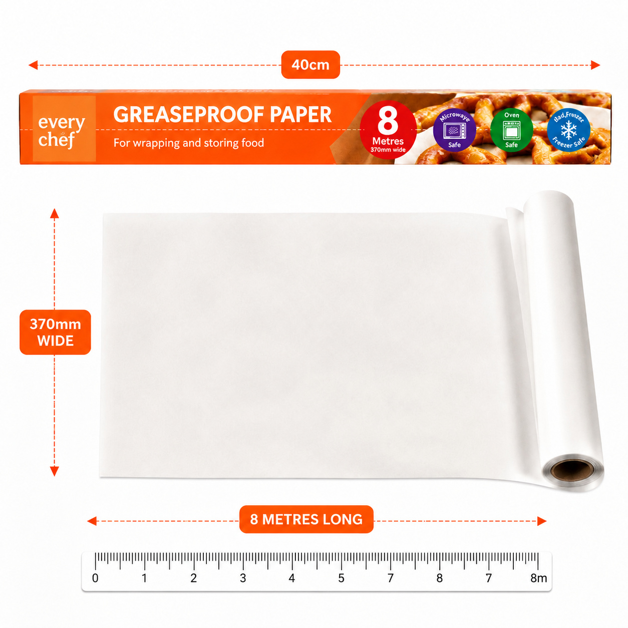 3Pack 8m x 370mm Greaseproof Paper Roll Non Stick Kitchen Roll