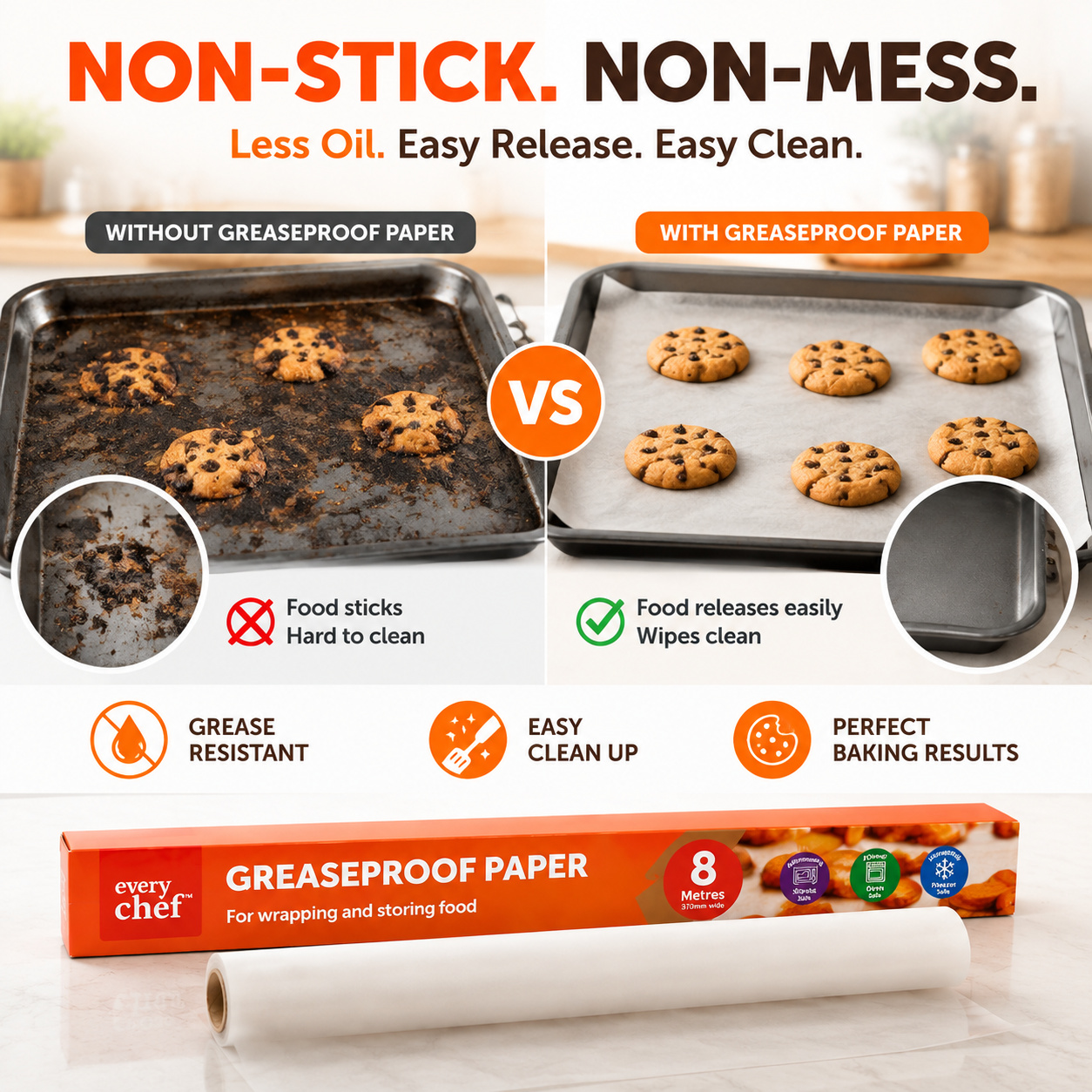 3Pack 8m x 370mm Greaseproof Paper Roll Non Stick Kitchen Roll