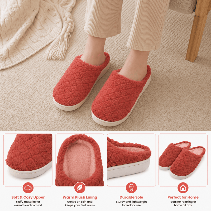Women Fluffy Slippers Warm House Slippers Soft Cosy Slip On Indoor Shoes UK Size 6 to 7 Red