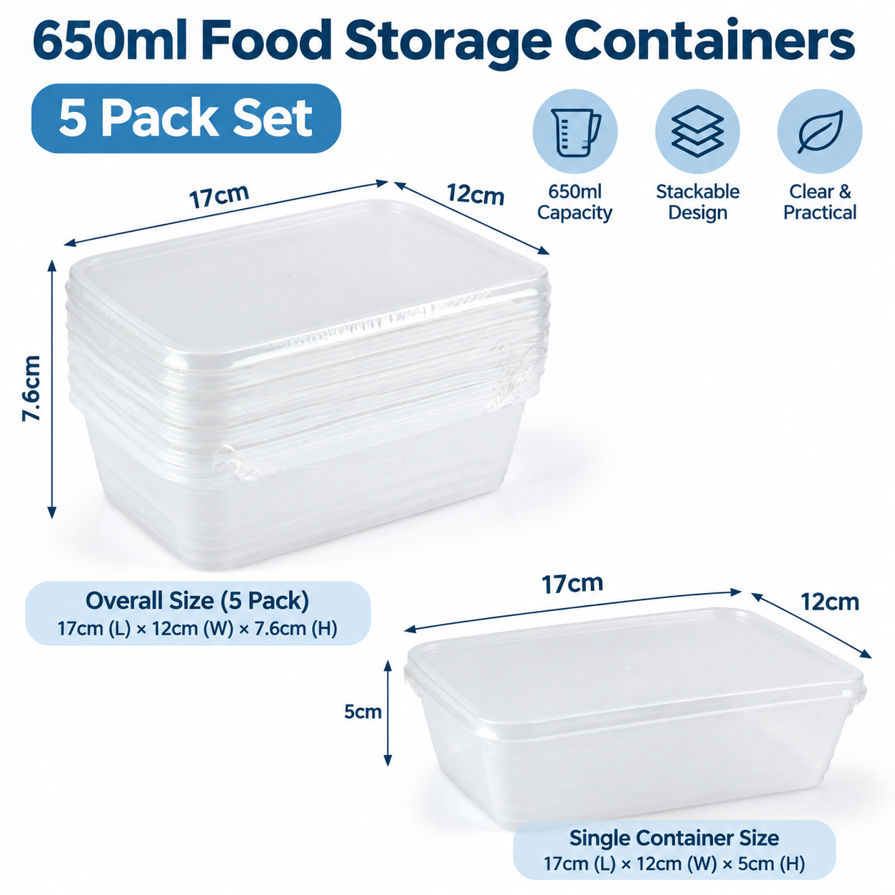 5 Pack 650mL Plastic Food Containers Stackable Clear Reusable Food Storage Boxes