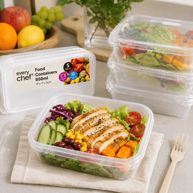 5 Pack 650mL Plastic Food Containers Stackable Clear Reusable Food Storage Boxes