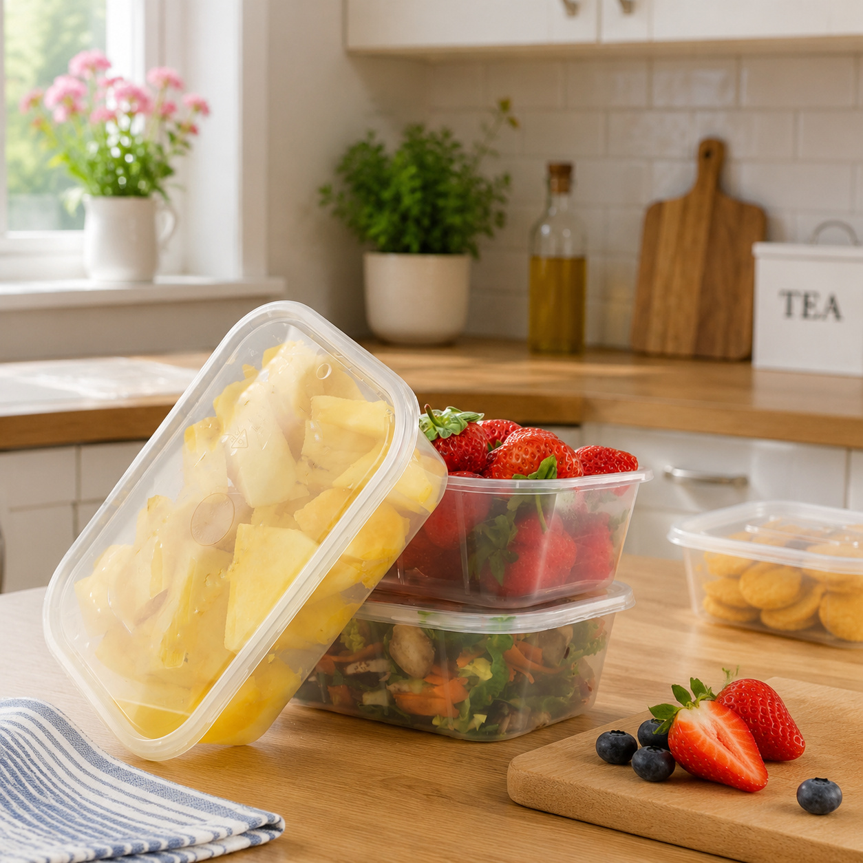 5 Pack 650mL Plastic Food Containers Stackable Clear Reusable Food Storage Boxes