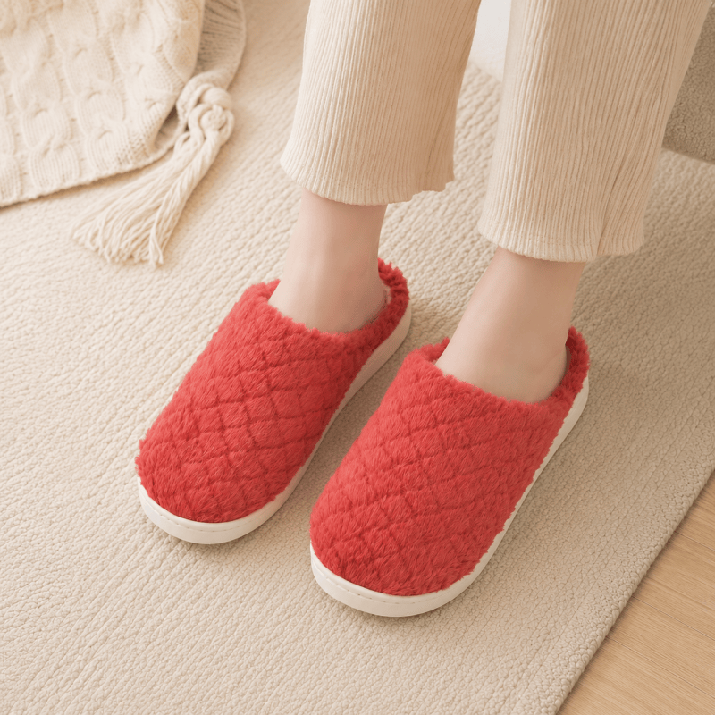 Women Fluffy Slippers Warm House Slippers Soft Cosy Slip On Indoor Shoes UK Size 3 to 4 Red