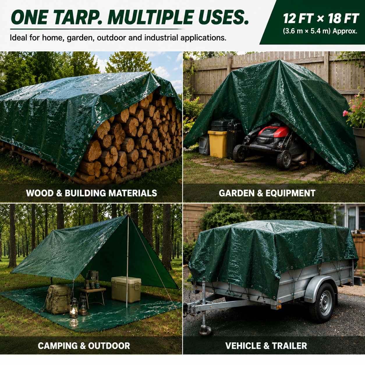 12FT x 18FT Green Tarpaulin Waterproof Ground Sheet Cover 70GSM
