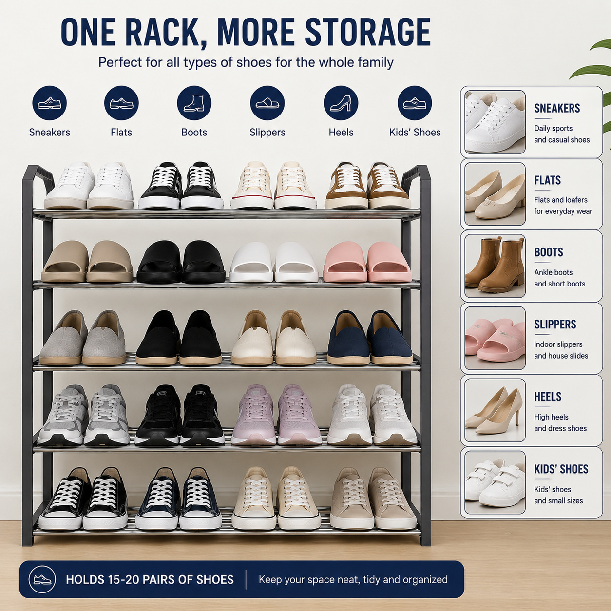 5 Tier Shoe Rack Stand Storage Organiser Metal Shoes Shelf