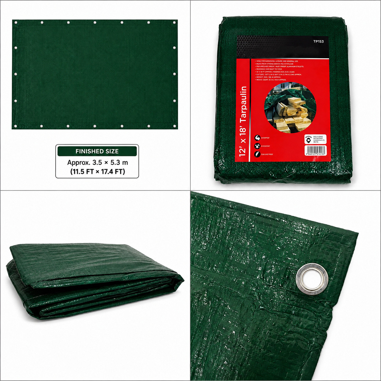 12FT x 18FT Green Tarpaulin Waterproof Ground Sheet Cover 70GSM