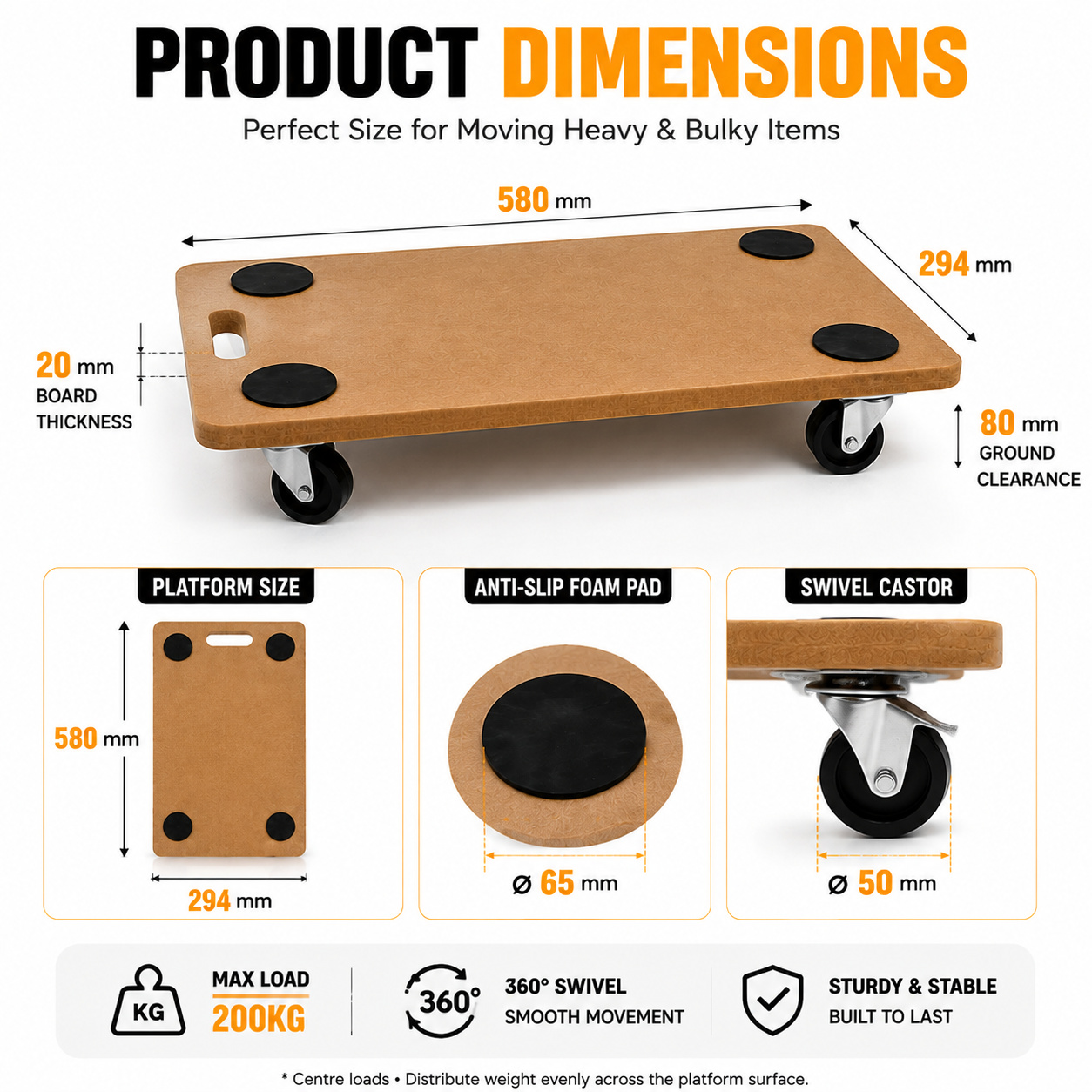 Heavy Duty Dolly Trolley 200KG Platform Moving Trolley Board 4 Wheels