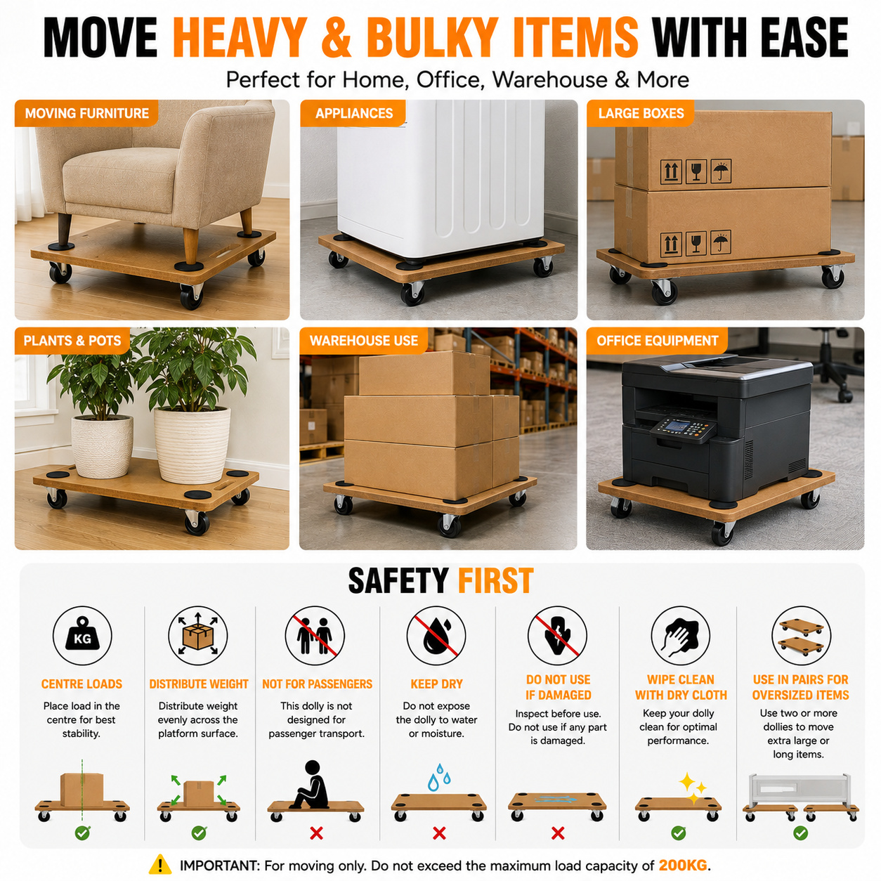 Heavy Duty Dolly Trolley 200KG Platform Moving Trolley Board 4 Wheels