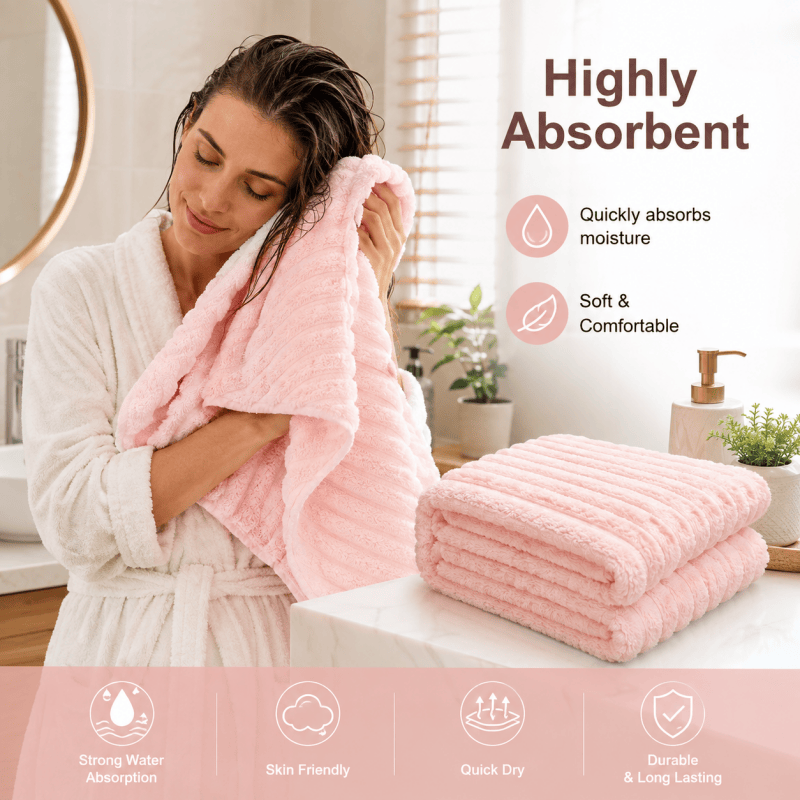4PCS Pink Bath Towels 70 x 135cm Coral Fleece Soft Absorbent Quick Dry Xmas Christmas Gift Set