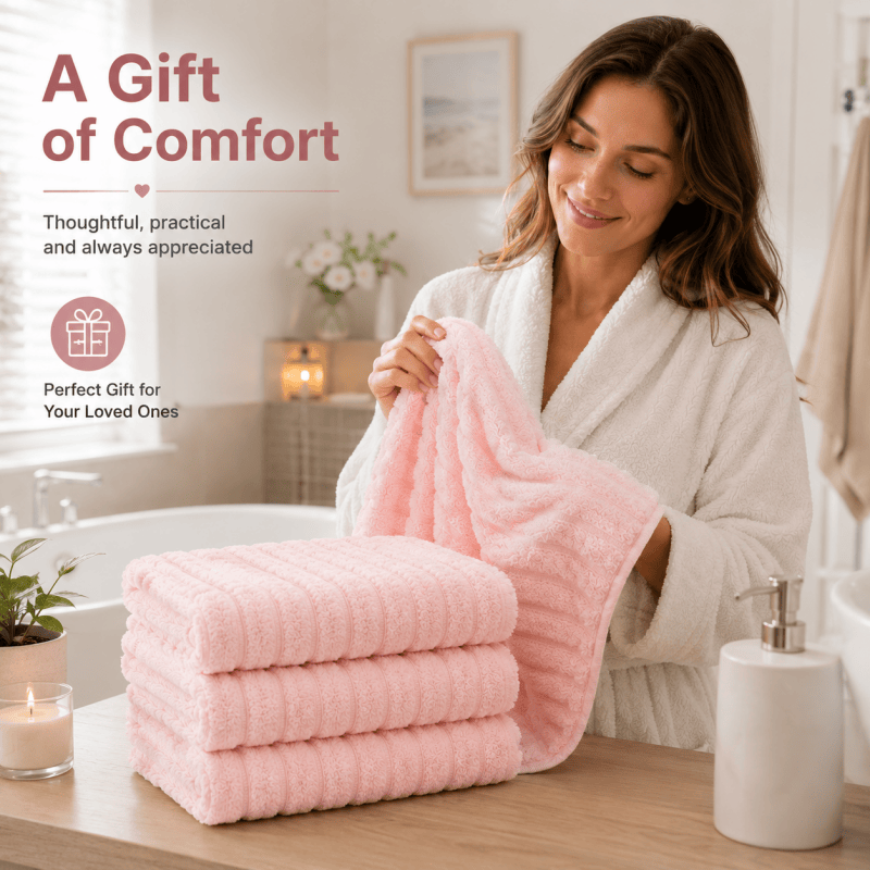 4PCS Pink Bath Towels 70 x 135cm Coral Fleece Soft Absorbent Quick Dry Xmas Christmas Gift Set
