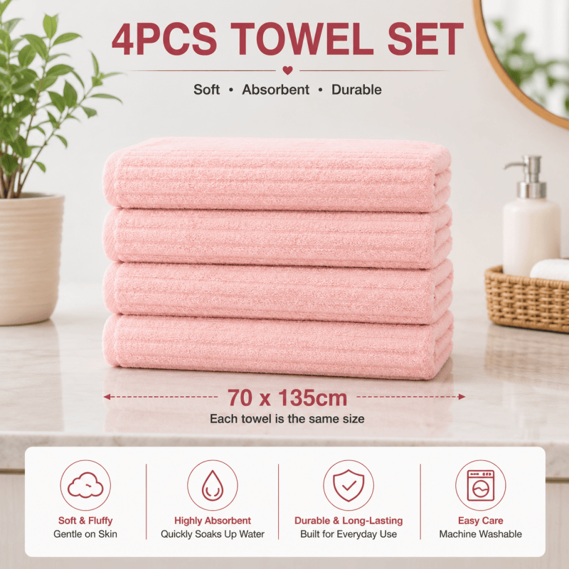 4PCS Pink Bath Towels 70 x 135cm Coral Fleece Soft Absorbent Quick Dry Xmas Christmas Gift Set