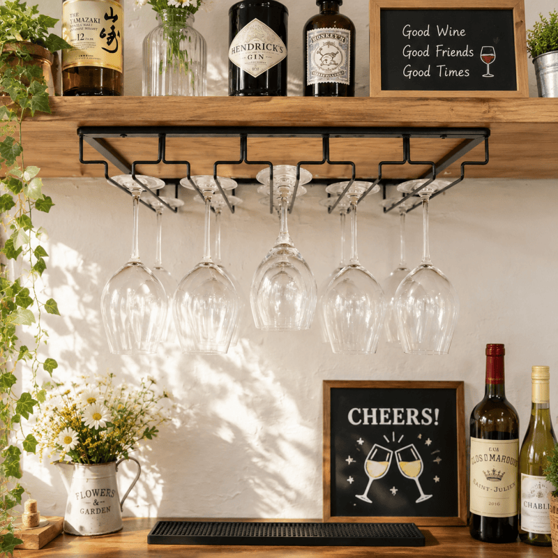 5 Slot Under Cabinet Wine Glass Rack Black Metal Stemware Holder Storage