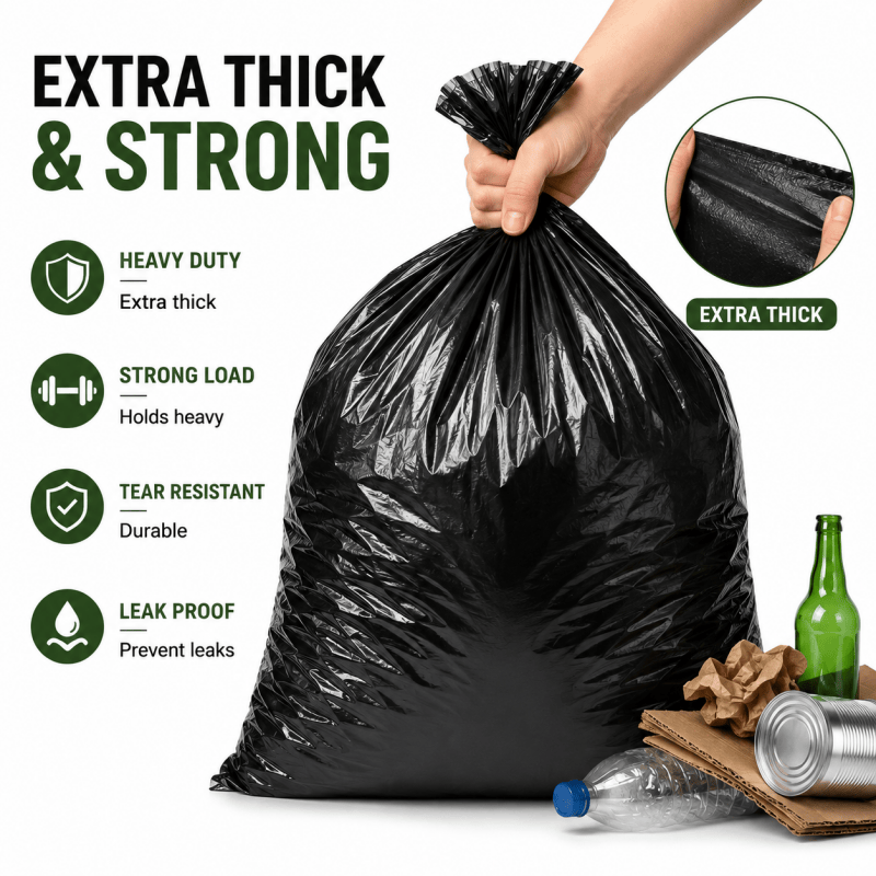 50pcs Heavy Duty Black Bin Bags 60 x 90cm Extra Thick Strong Refuse Rubbish Sacks Useful Up to 60L Bins