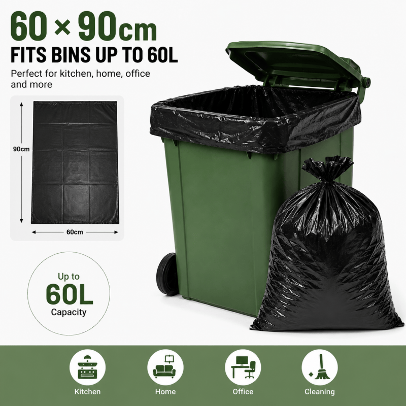 50pcs Heavy Duty Black Bin Bags 60 x 90cm Extra Thick Strong Refuse Rubbish Sacks Useful Up to 60L Bins