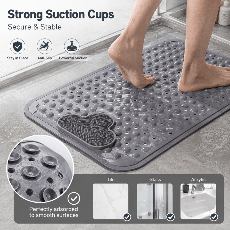 Non Slip Bath Shower Mat 70 x 40cm Strong Suction Cups Long Bathroom Bathtub Mat Grey