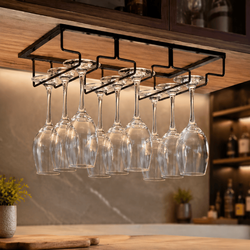 3 Slot Under Cabinet Wine Glass Rack Black Metal Stemware Holder Storage
