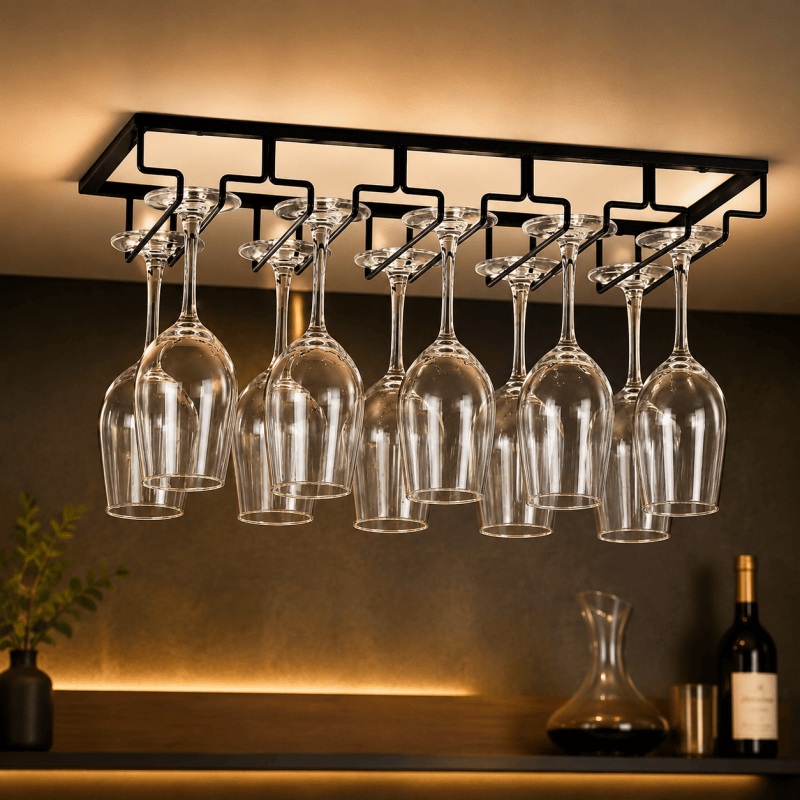5 Slot Under Cabinet Wine Glass Rack Black Metal Stemware Holder Storage