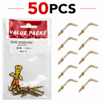 50PCS Brassed Square Dresser Hooks 3/4" 18mm Screw In Wall Hooks