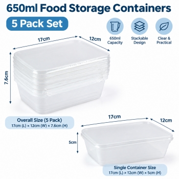 5 Pack 650mL Plastic Food Containers Stackable Clear Reusable Food Storage Boxes