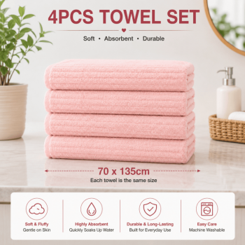 4PCS Pink Bath Towels 70 x 135cm Coral Fleece Soft Absorbent Quick Dry Xmas Christmas Gift Set