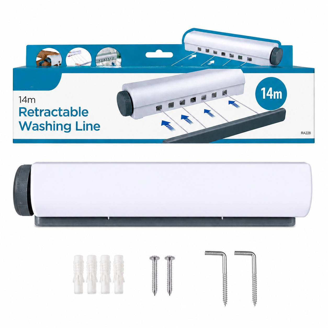 14M Retractable Clothesline Wall Mounted 4-Line Drying Rack Indoor Outdoor Balcony Bathroom Laundry Clothes Line 